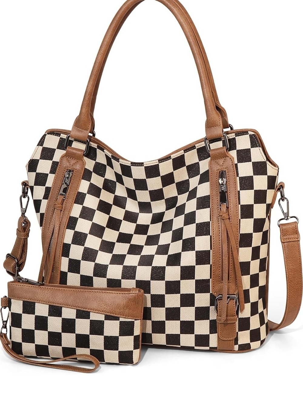 Checkerboard Canvas Tote Bag with Brown Trim - Stylish Womens Handbag